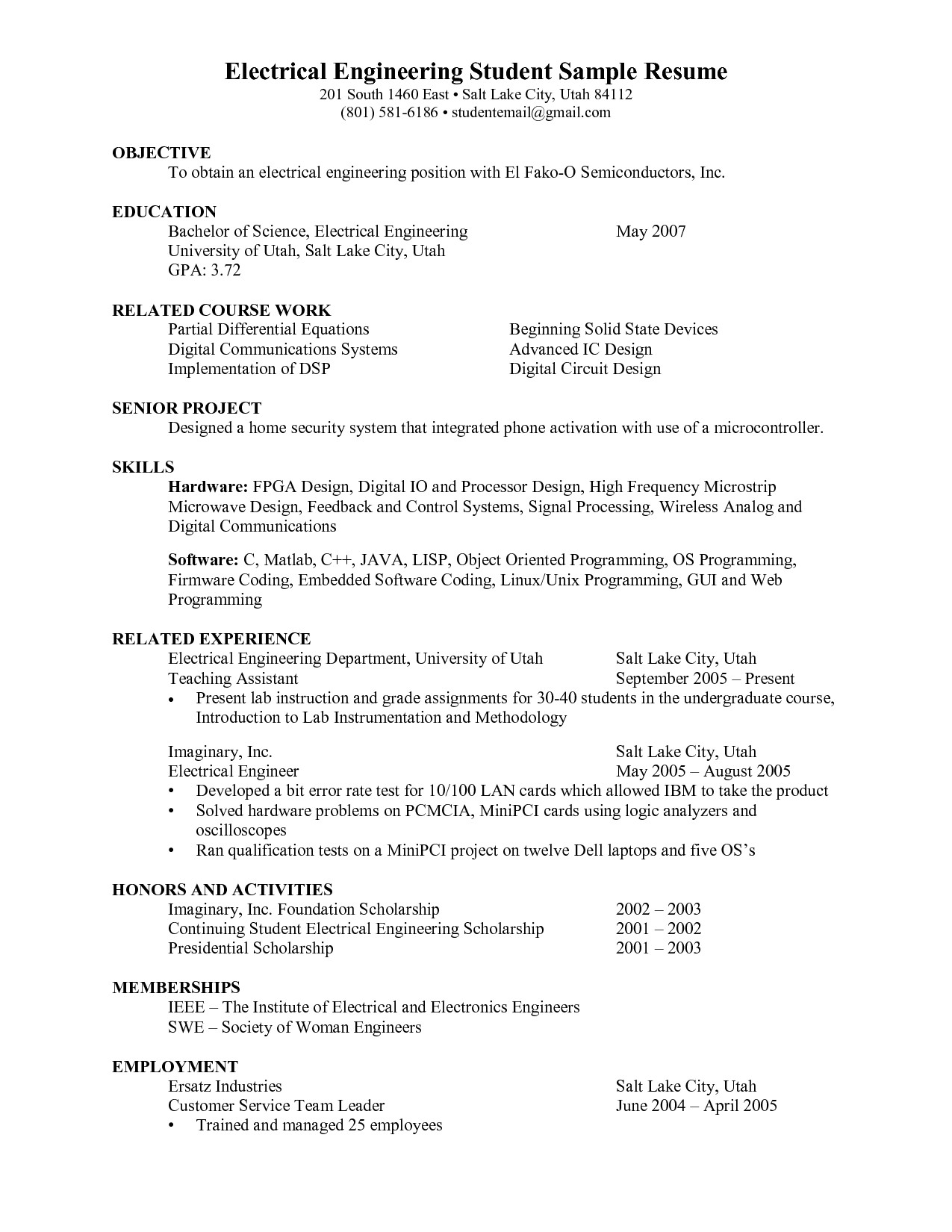 Iit Electrical Engineering Student Resume Resume format for Electrical ...