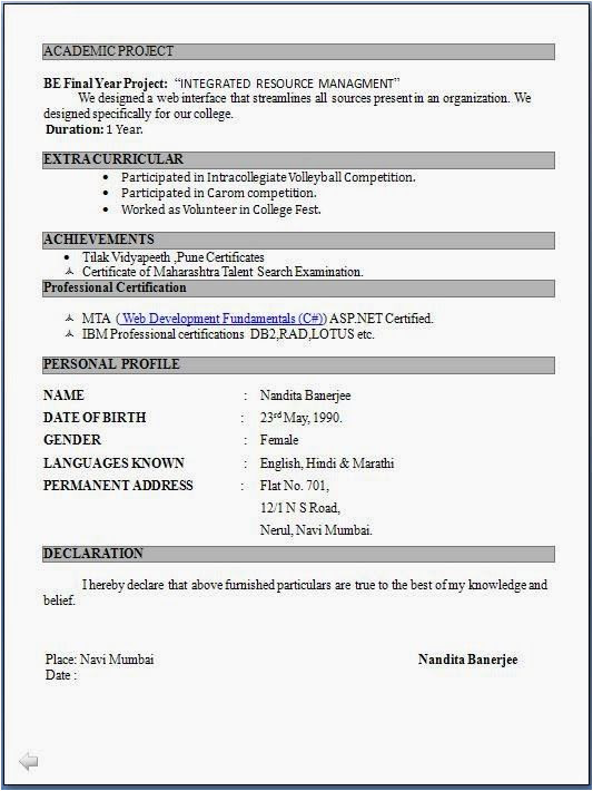 indian normal resume format word