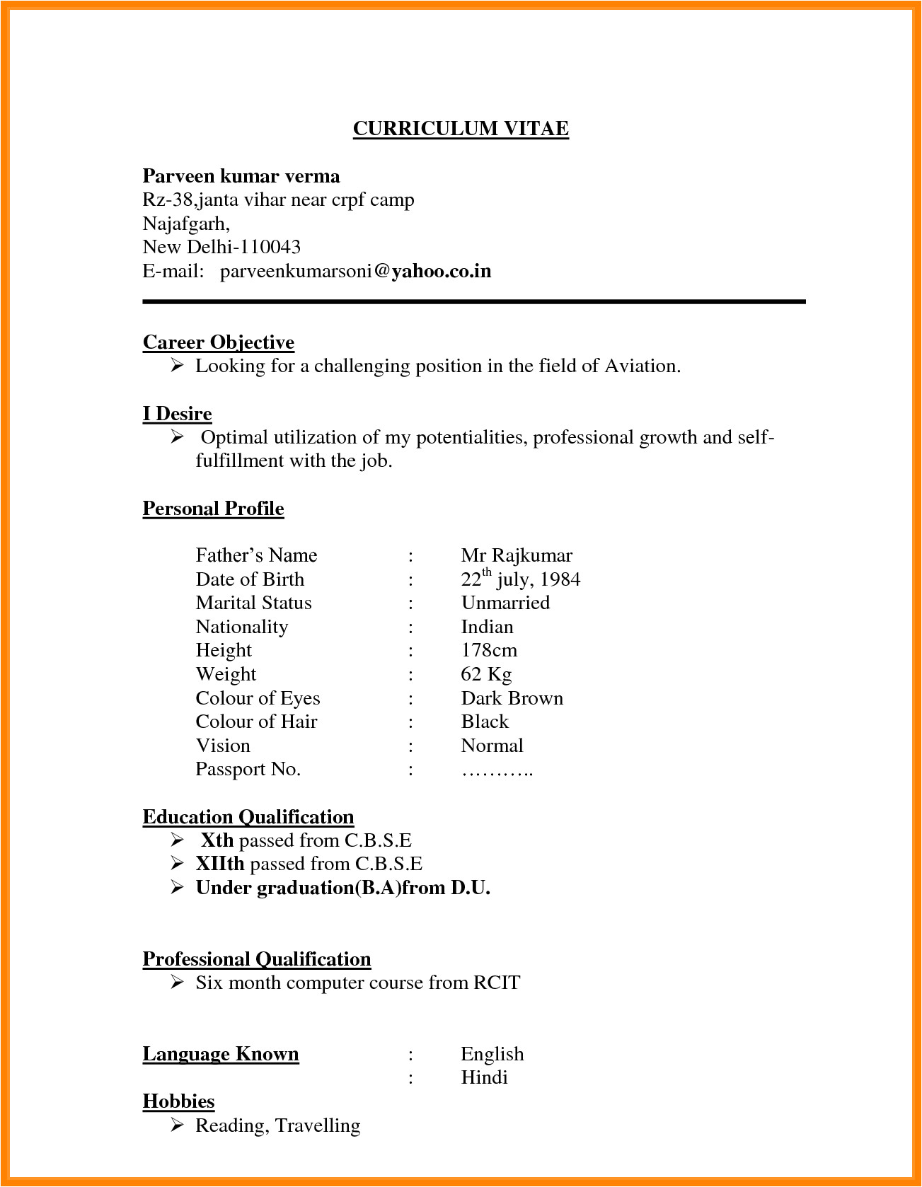Indian Simple Resume format 7 Cv Indian format theorynpractice