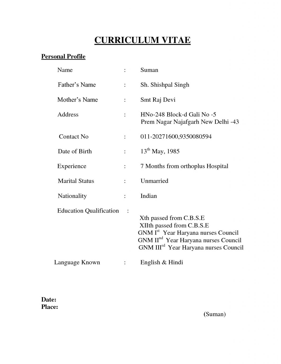 Indian Simple Resume format Cv Samples India – williamson-ga.us