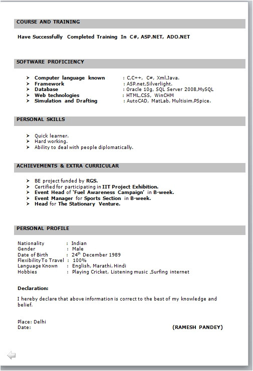 It Fresher Resume format Download It Fresher Resume format In Word