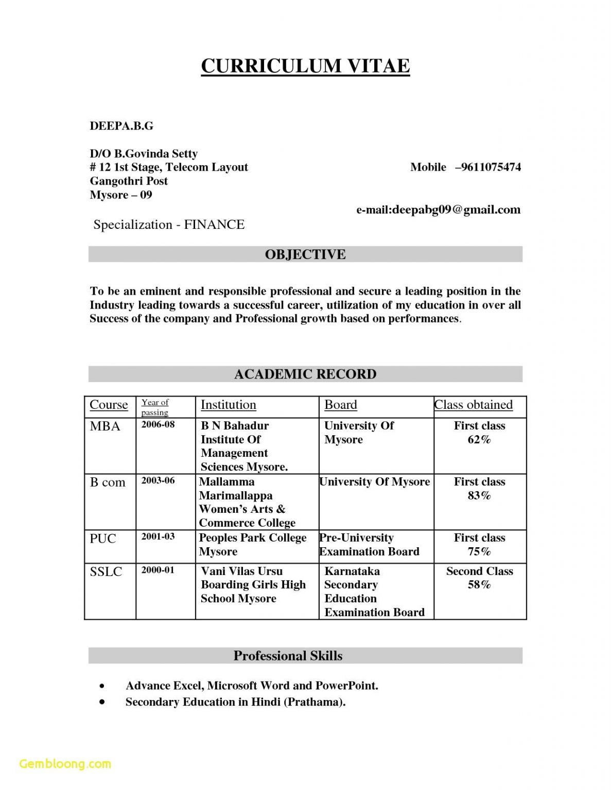 Mba Fresher Resume format Doc Resume format for Bcom Freshers In Word ...