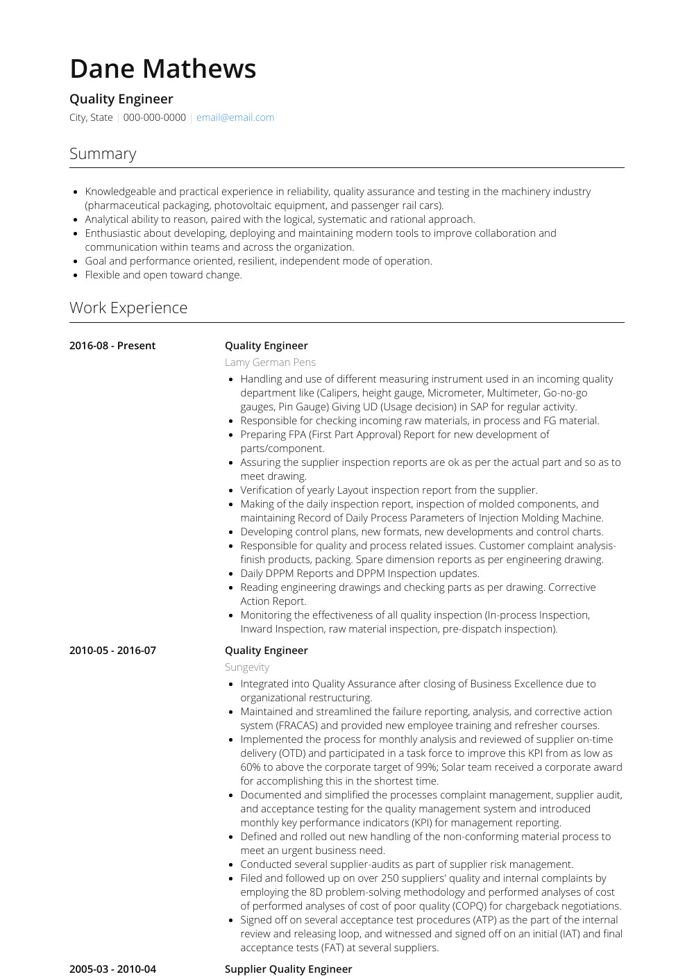 Mechanical Engineer Quality Resume Quality Engineer Resume Samples and Templates Visualcv