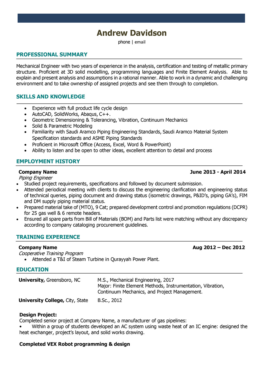 Mechanical Engineer Resume area Of Interest Mechanical Engineer Resume ...