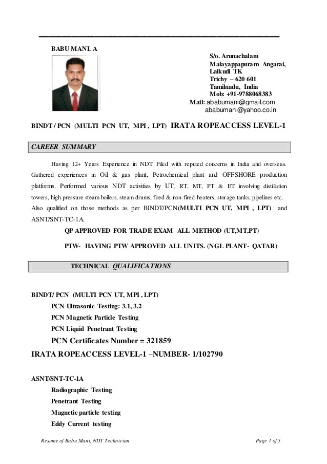 resume format for ndt level 2 fresher