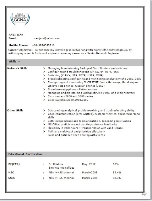 Network Engineer Resume In India Network Engineer Resume format