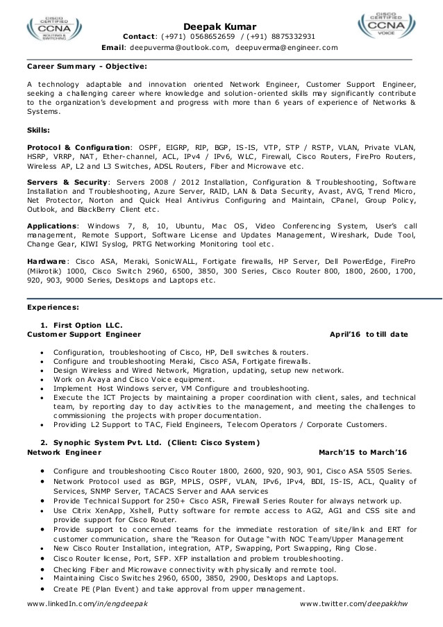 Network Engineer Resume with 2 Year Experience Resume for Network Engineer L2 Network Admin Team Leader