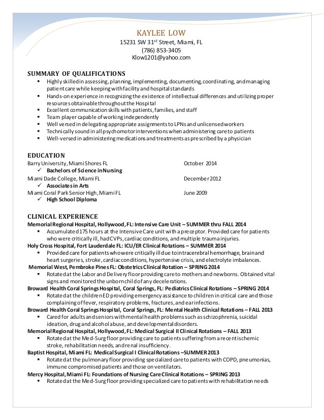 Nursing Student Resume Summary Of Qualifications Kaylee 39 S Nursing Resume 2014