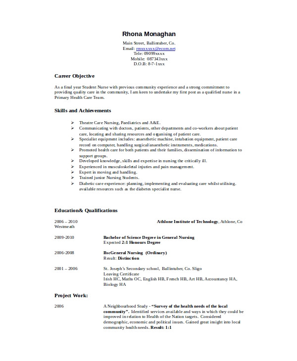 Objective Statement for Student Resume Sample Nursing Student Resume 8 Examples In Word Pdf