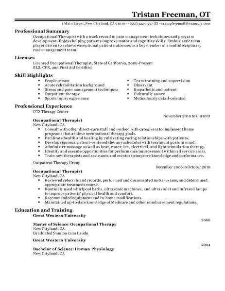 Occupational therapy Student Resume Example Best Occupational therapist Resume Example Livecareer