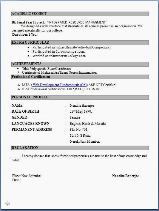 Online Fresher Resume format Fresher Resume format