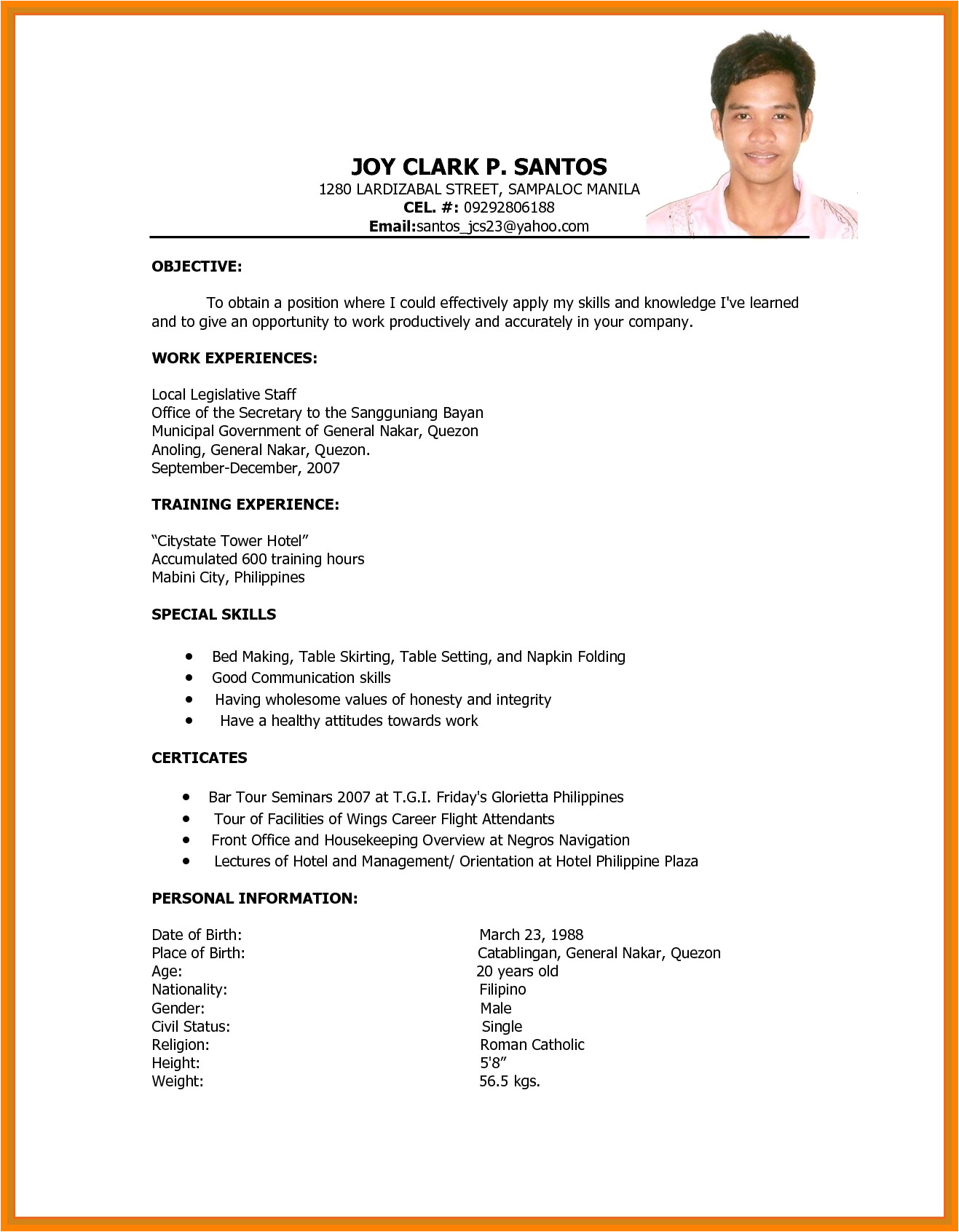 Philippine Blank Resume 6 Cv Format Philippines Theorynpractice Williamson 3138