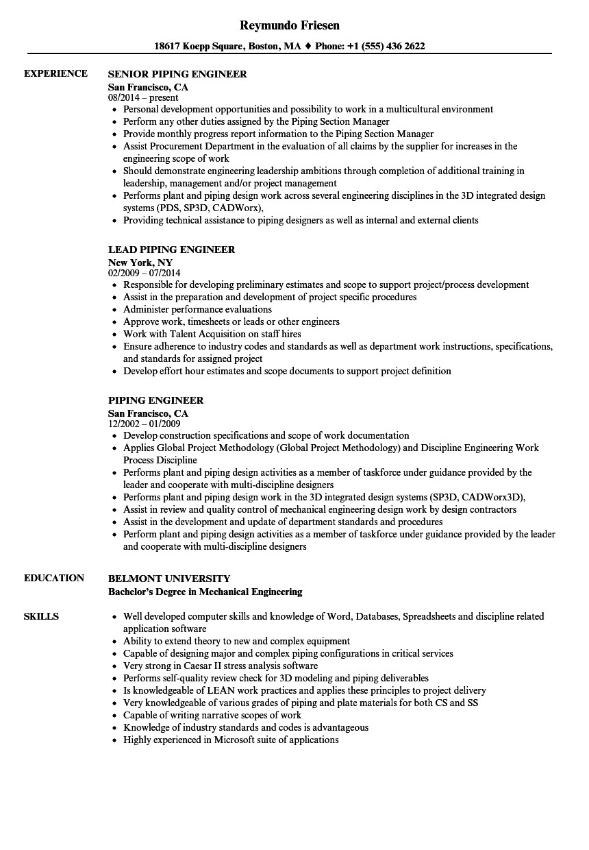 Piping Engineer Resume Piping Engineer Resume Samples Velvet Jobs