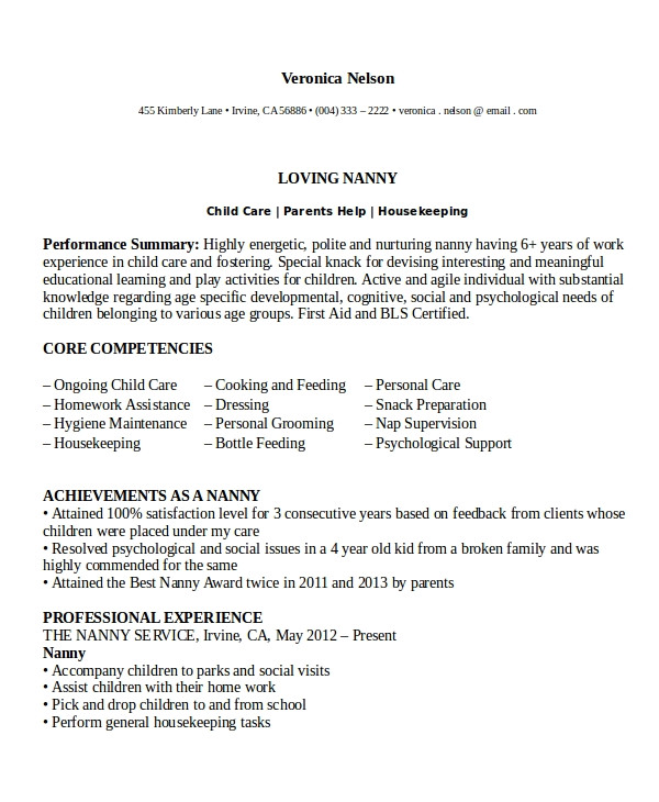 Professional Nanny Resume Nanny Resume Template 5 Free Word Pdf Document