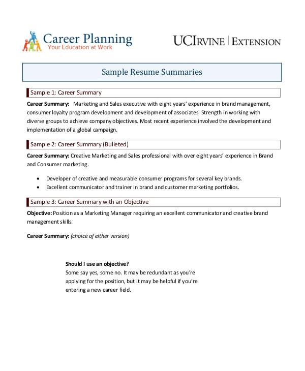 Professional Summary for Resume 9 Career Summary Examples Pdf Examples