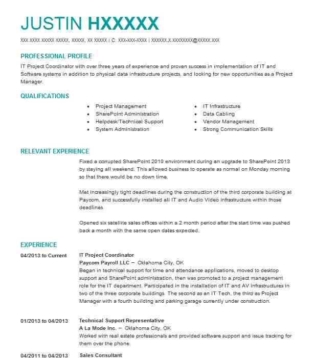 it project coordinator job description resume