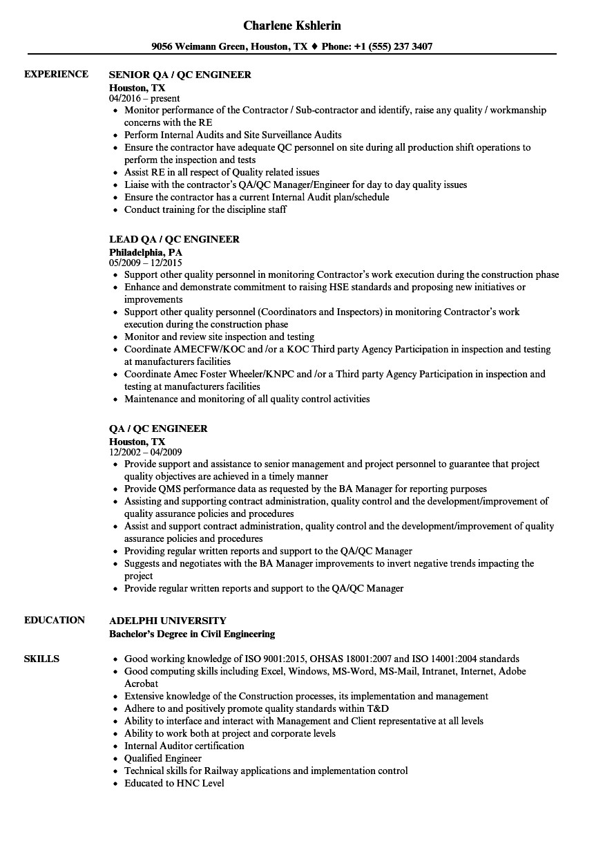 Qa Qc Engineer Resume Pdf Qa Qc Engineer Resume Samples Velvet Jobs