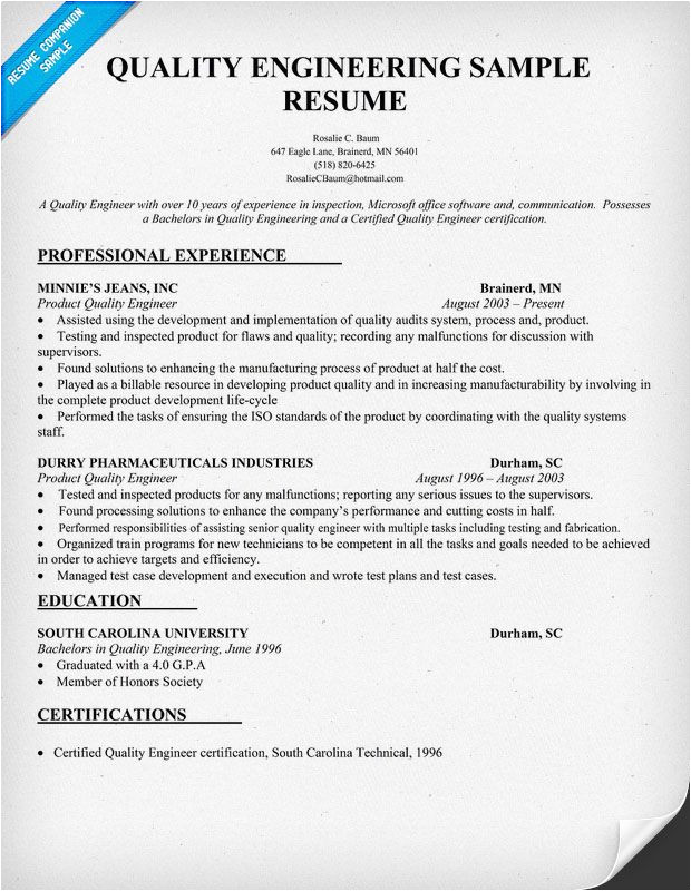 Quality Engineer Resume Model Quality Engineering Resume Sample Resumecompanion Com