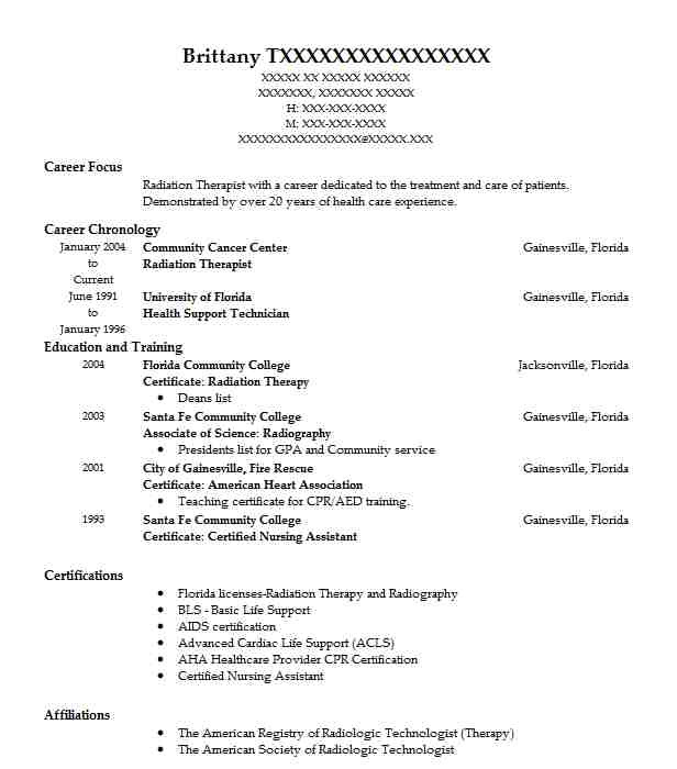 Radiation therapy Student Resume Radiation therapist Resume Sample Resumes Misc Livecareer