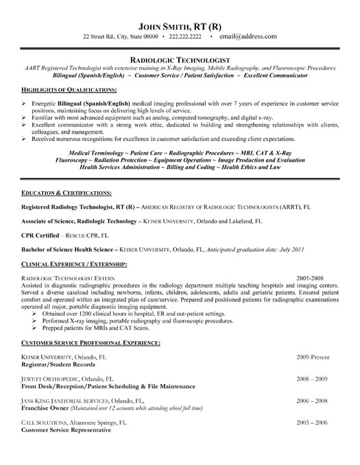 Radiologic Technologist Student Resume Resume format Sample Resume X Ray Technologist