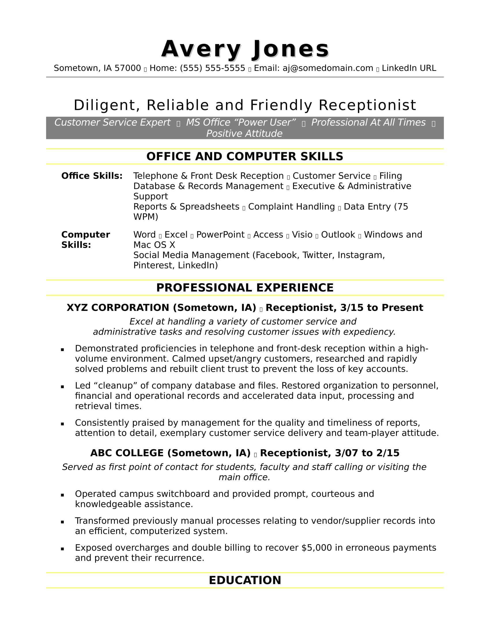 Receptionist Resume Format For Fresher Williamson ga us