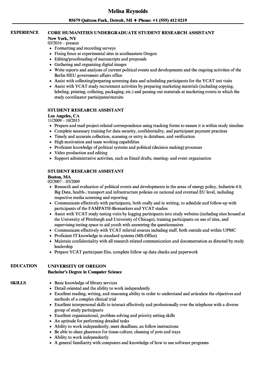 Research Student Resume Student Research assistant Resume Samples Velvet Jobs
