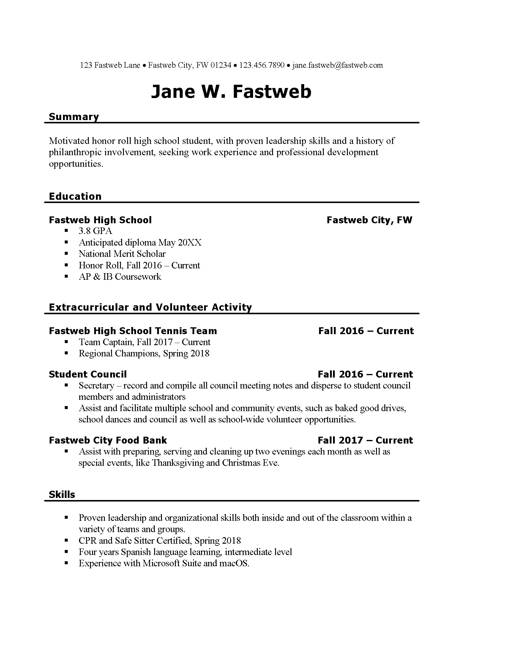 Resume Examples for Students First Job First Part Time Job Resume Sample Fastweb