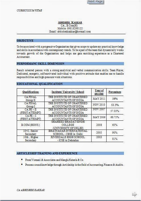 resume format for semi qualified ca in word