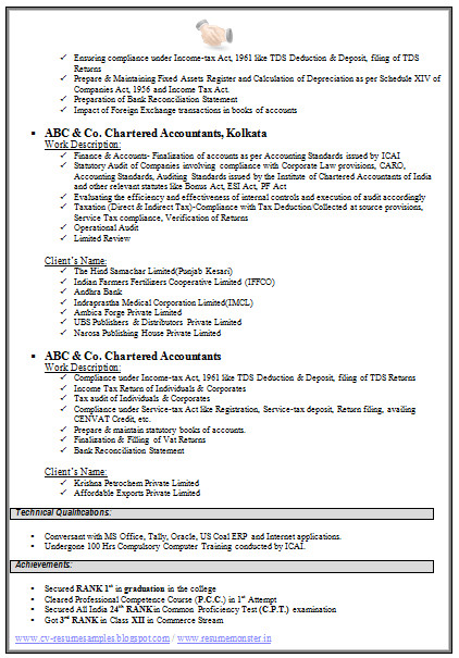 Resume for Semi Qualified Ca Student Chartered Accountant Resume format Freshers Page 2 Cv