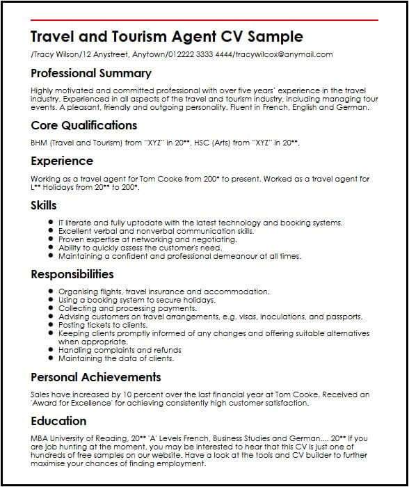 Resume for tourism Student Travel and tourism Agent Cv Sample Myperfectcv