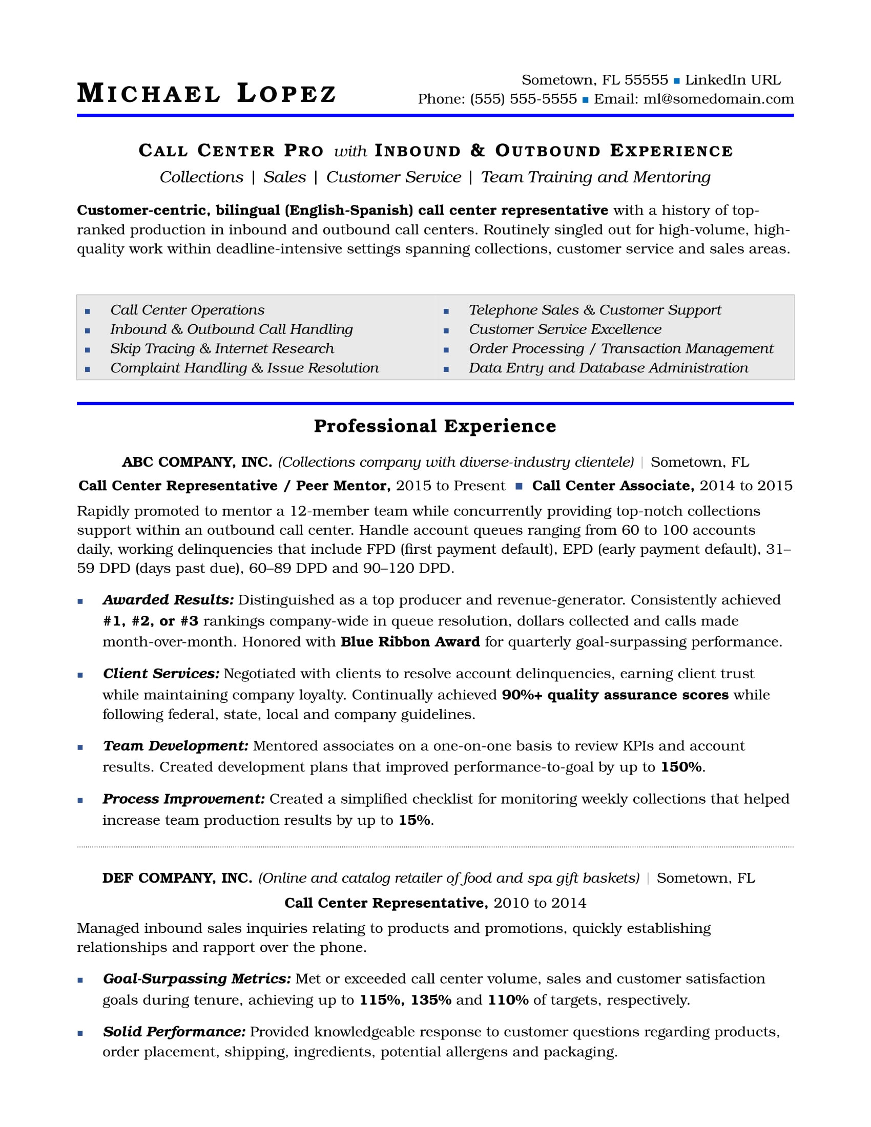 Resume format for Call Center Job Call Center Resume Sample Monster Com