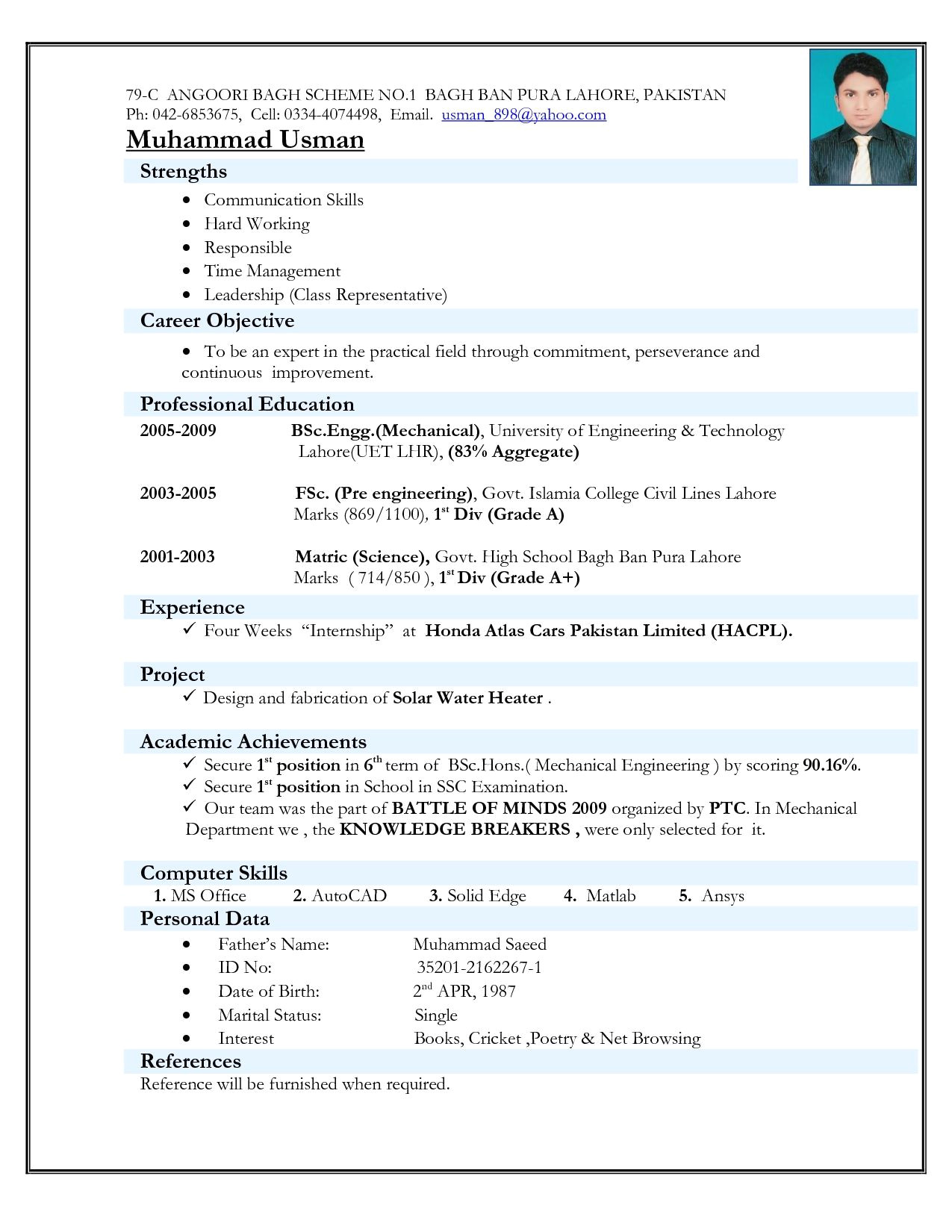 resume format for fresher civil engineer