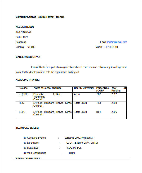 Resume format for Freshers Engineers 12 Fresher Engineer Resume Templates Pdf Doc Free