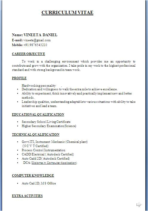 Resume format for Iti Fresher Iti Fresher Resume format In Word Free Download