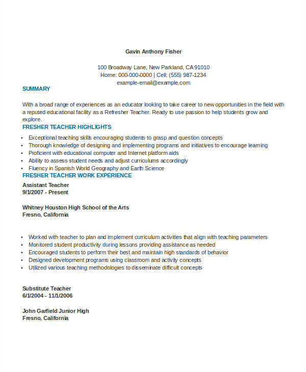 Resume Format For Kindergarten Teacher Fresher Williamson ga us