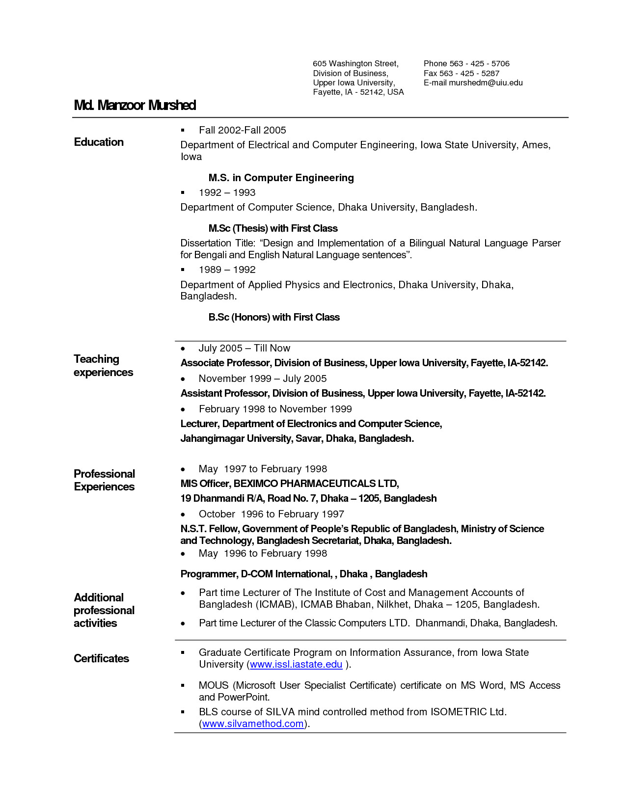 Resume format for Lecturer Job In Computer Science Resume format for Applying Lecturer Post Resume format