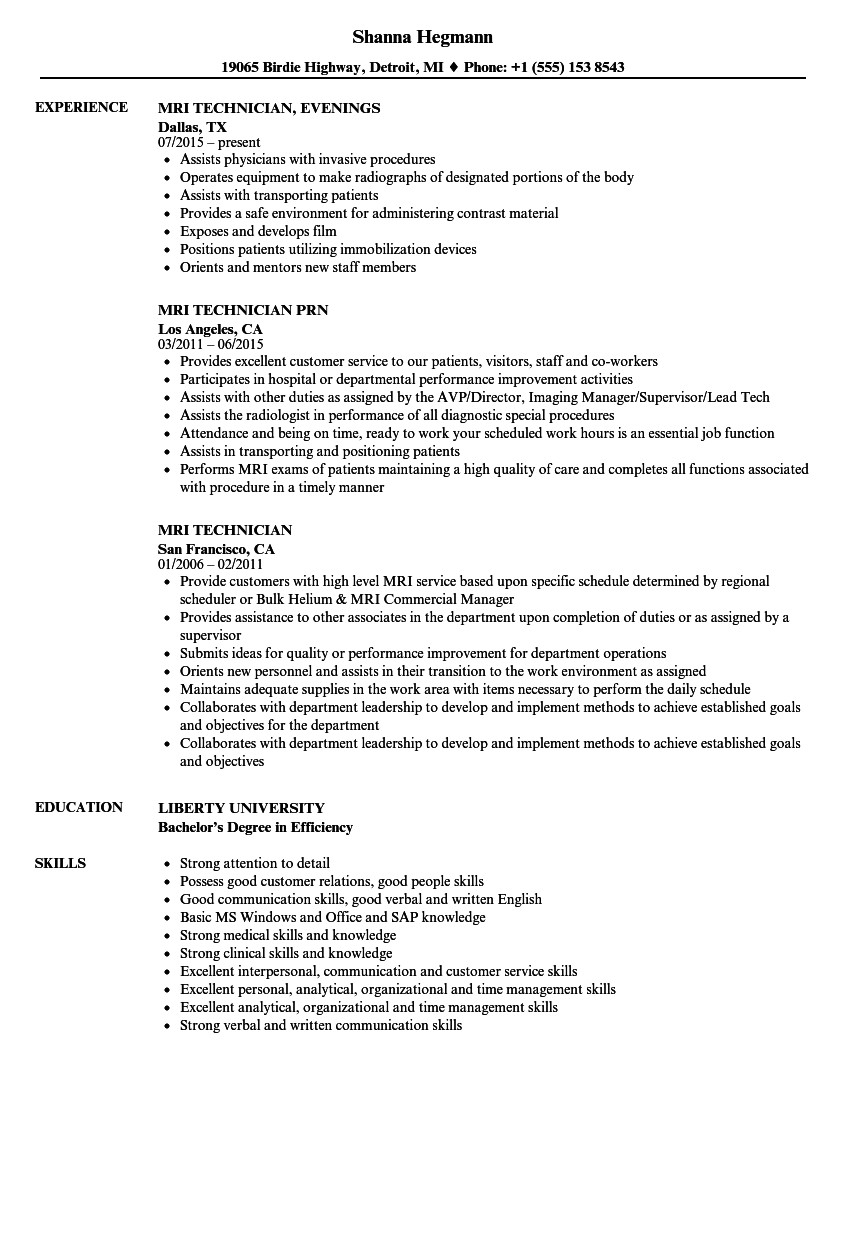 Resume format for Mr Job Mri Technician Resume Samples Velvet Jobs