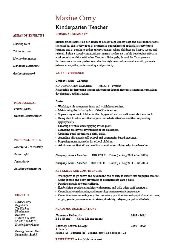 Resume format for Nursery Teacher Job Kindergarten Teacher Resume School Example Sample Job