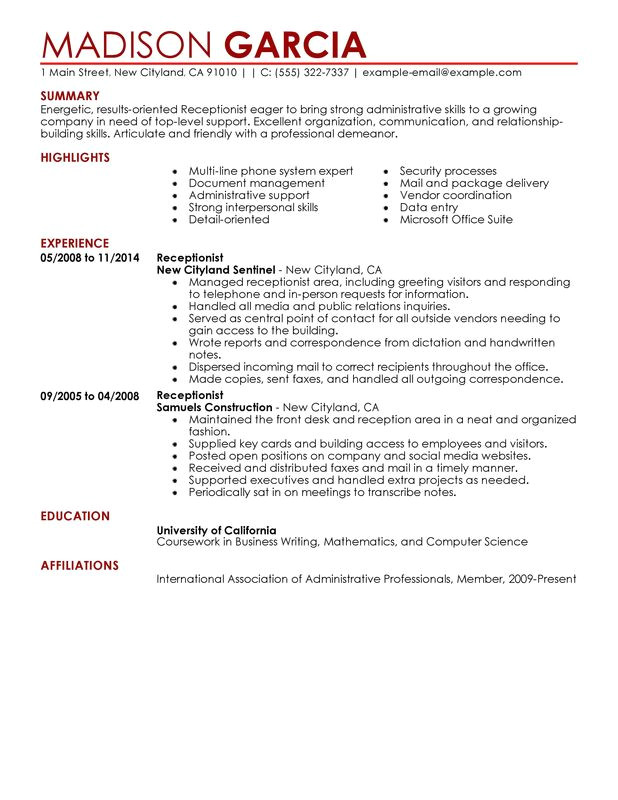 Resume format for Receptionist Job Unforgettable Receptionist Resume Examples to Stand Out