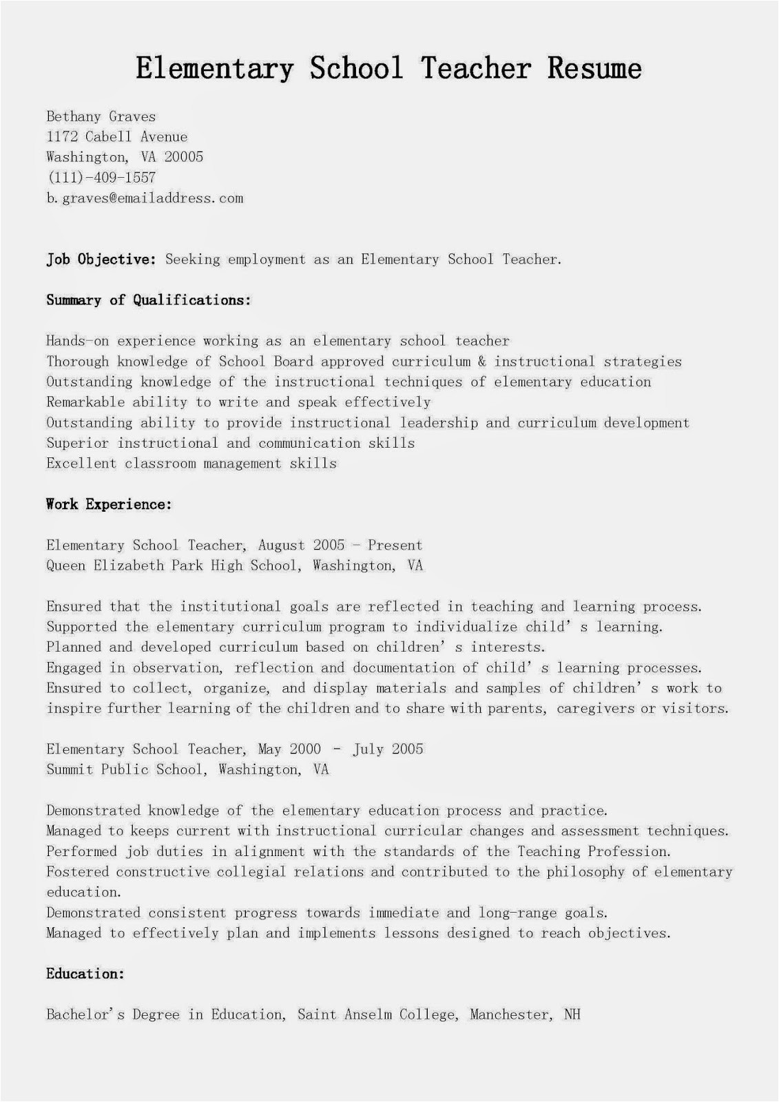 Resume Format For Teaching Job In School Resume Samples Elementary 