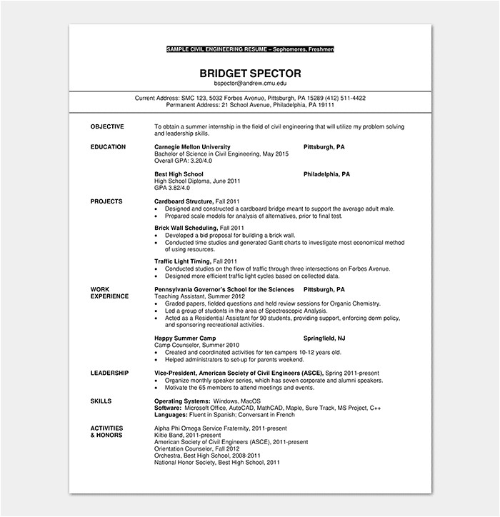 Resume format In Word for Civil Engineer Fresher Resume Template for Freshers 18 Samples In Word Pdf