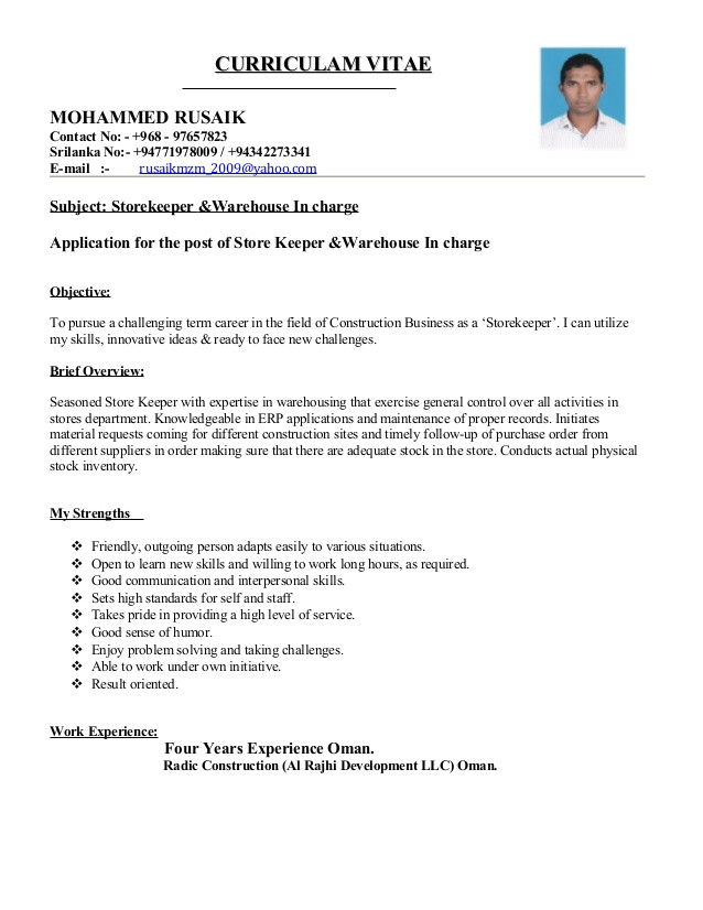 Resume format In Word for Store Keeper Cv for Store Keeper