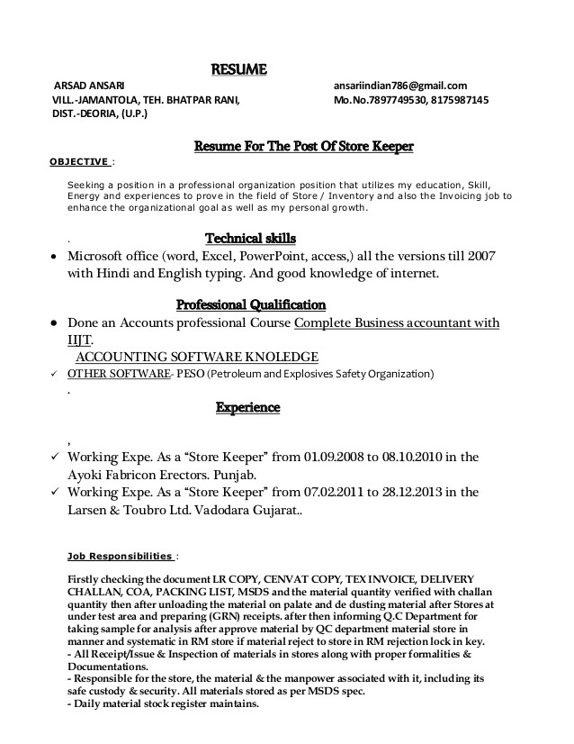 Resume format In Word for Store Keeper Store Keeper Resume