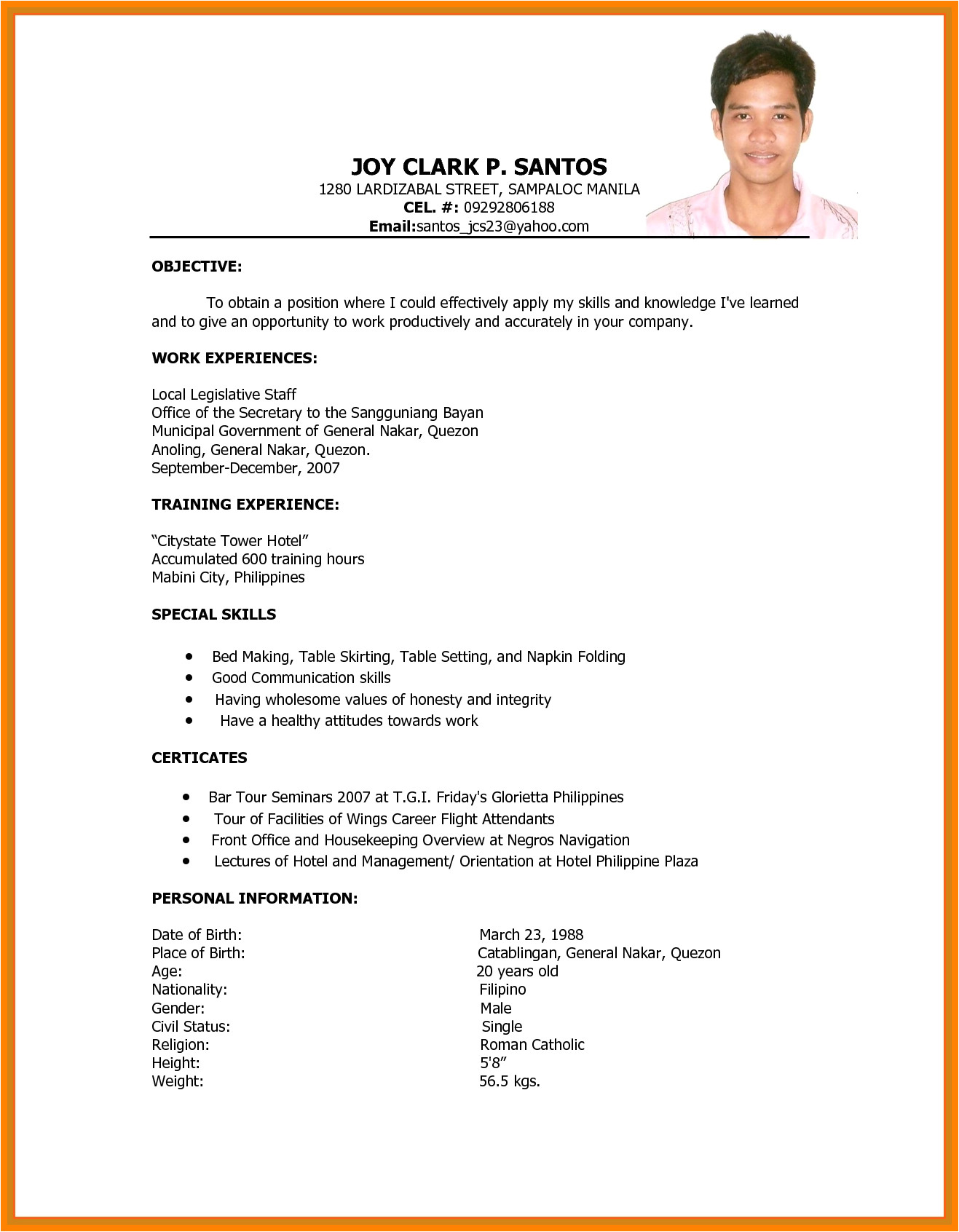 Resume format Sample for Job Application Philippines 6 Cv format Philippines theorynpractice