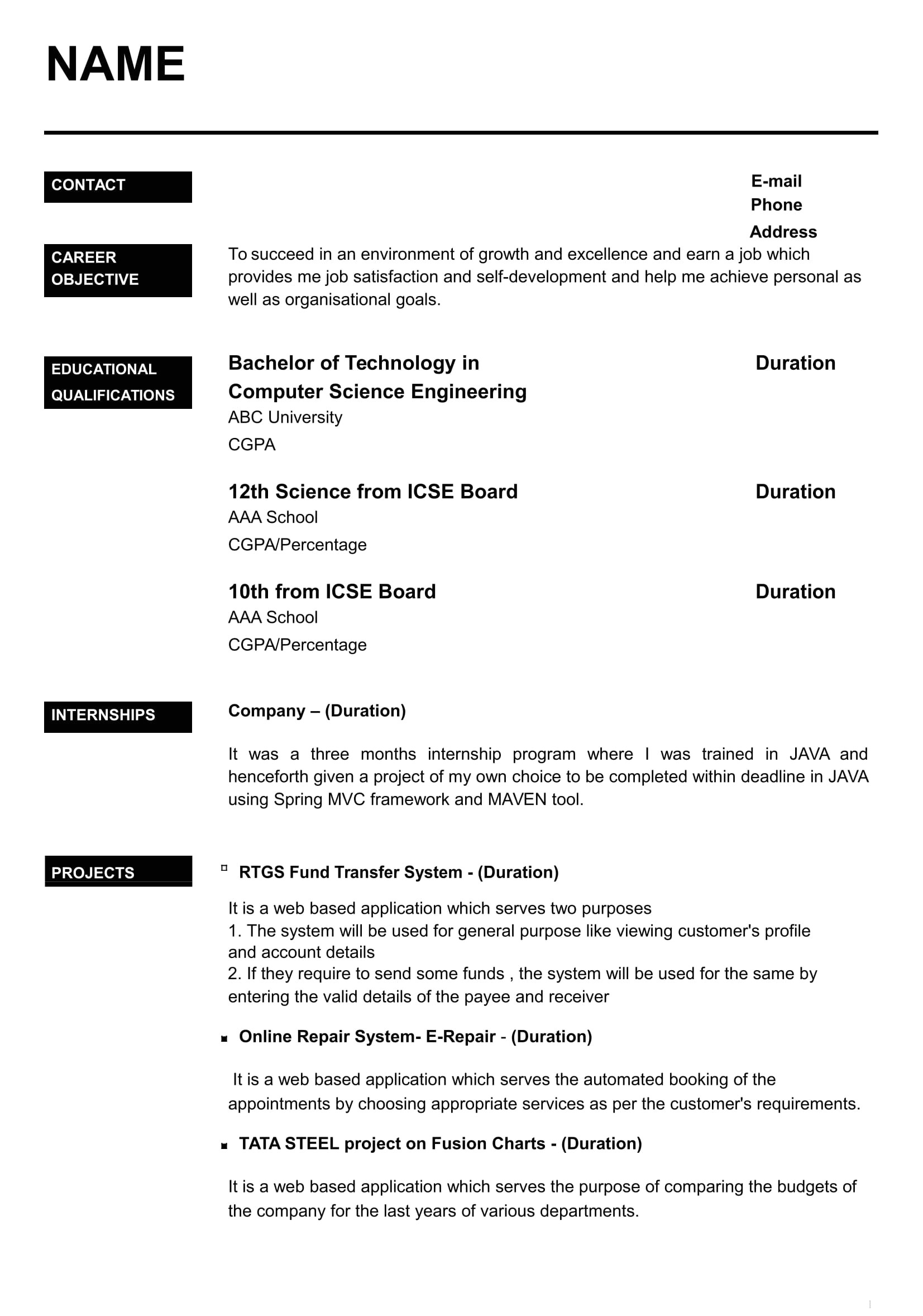 Resume Samples for Freshers 32 Resume Templates for Freshers Download Free Word format