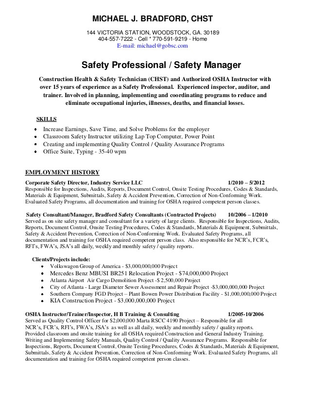 Safety Professional Resume Michael Bradford Chst Ahsm Safety Professional Resume