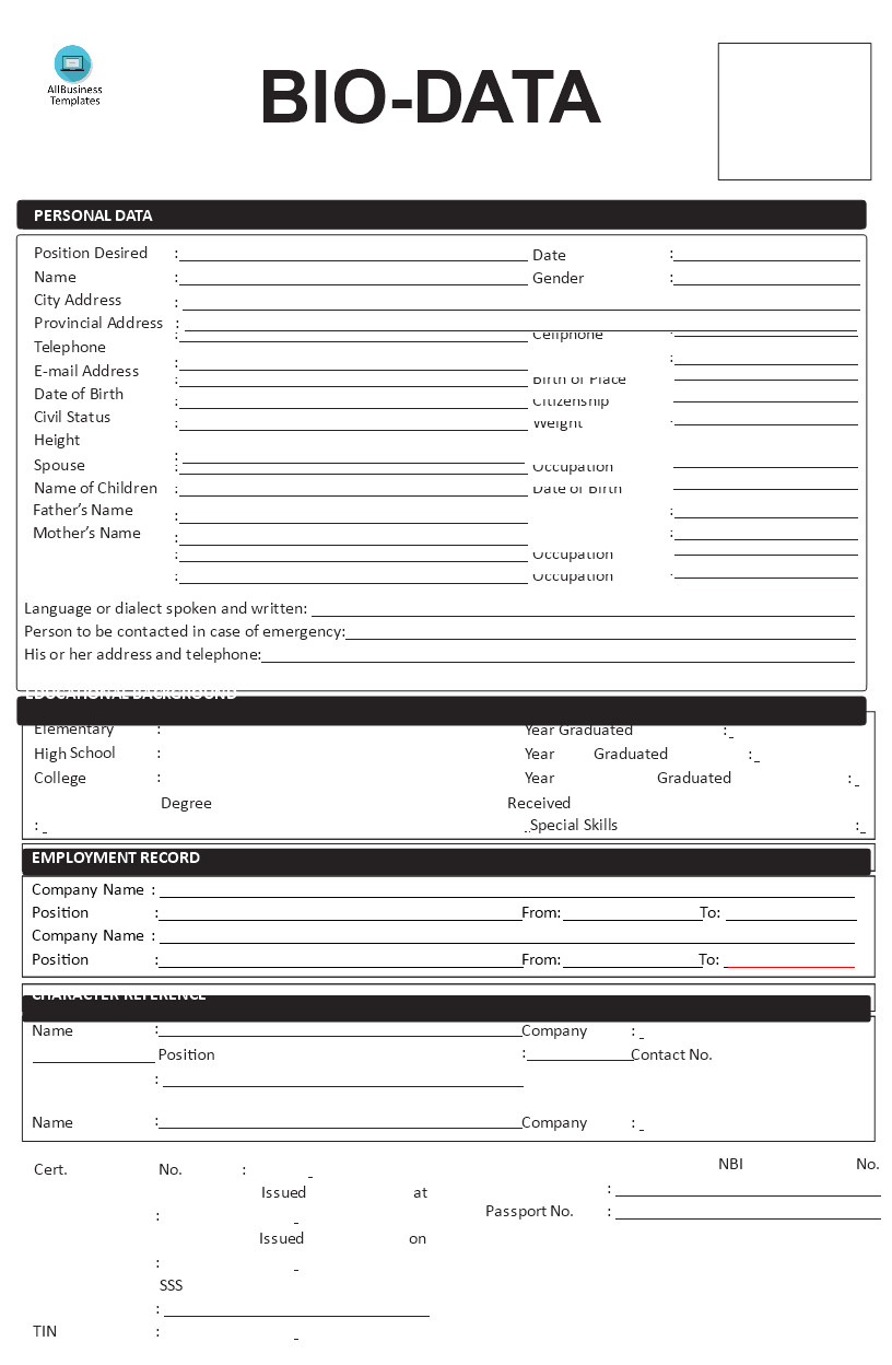 Sample Resume Biodata Blank form format Of Biodata Templates at ...