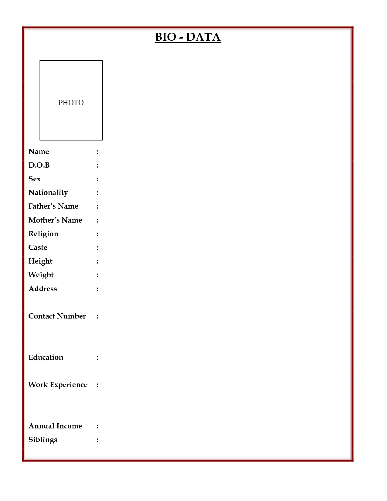 Sample Resume Biodata Blank form Image Result for Blank Biodata form Download In 2019