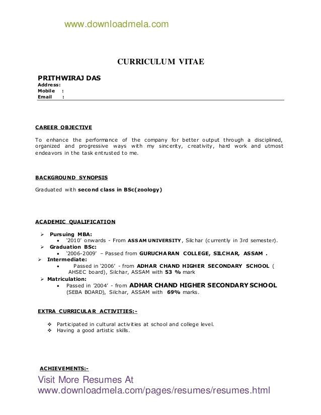 Sample Resume format for Zoology Freshers for Bsc Zoology Resume format for Freshers Resume