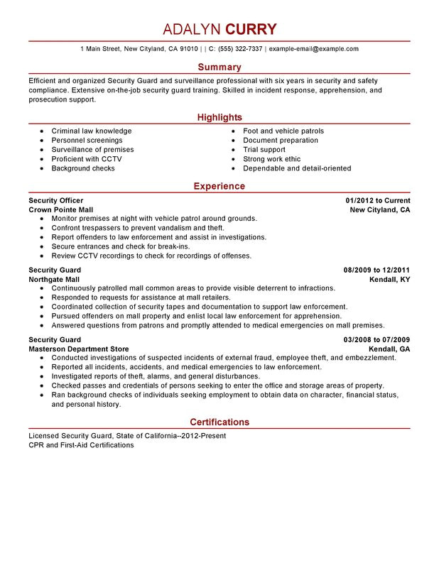 Security Guard Resume Sample Security Guard Resume Examples Created by Pros